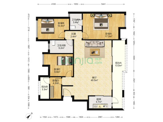 中昂新天地 4室1厅2卫 134平方