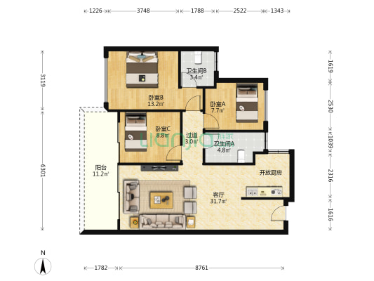 万达生态城鹿璟 3室1厅2卫 100平方