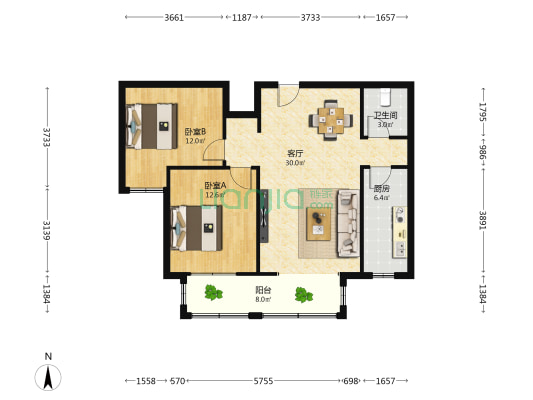 中基禧悦府 2室1厅1卫 102平方