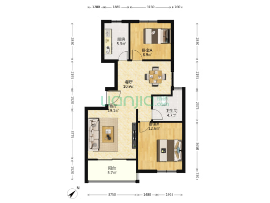 浦发香舍(公寓) 2室2厅1卫 92平方