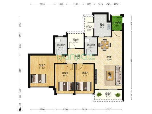 新世界星辉 3室1厅2卫 113平方
