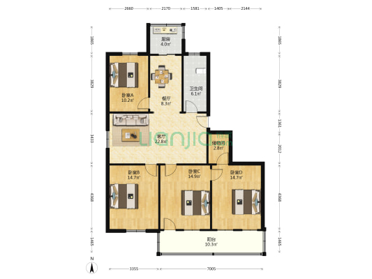 农发银行宿舍 4室2厅1卫 120平方