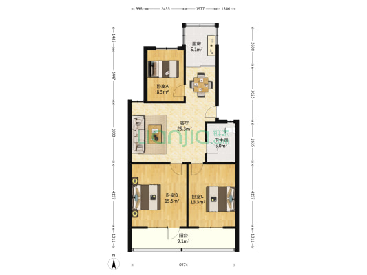 灯具厂家属院 3室1厅1卫 94平方