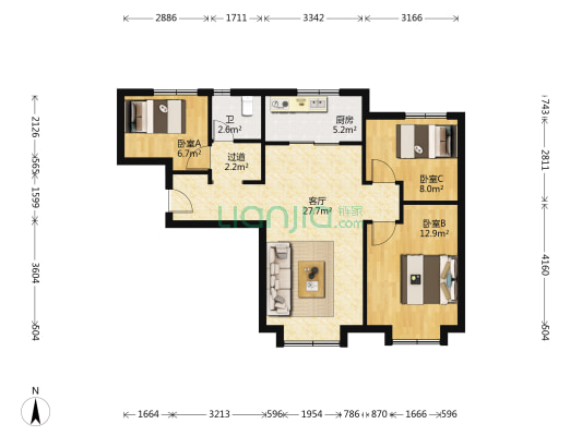 哈兰庄园 3室1厅1卫 89平方