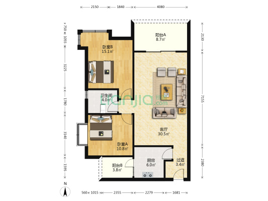 东山雅舍 2室1厅1卫 88平方