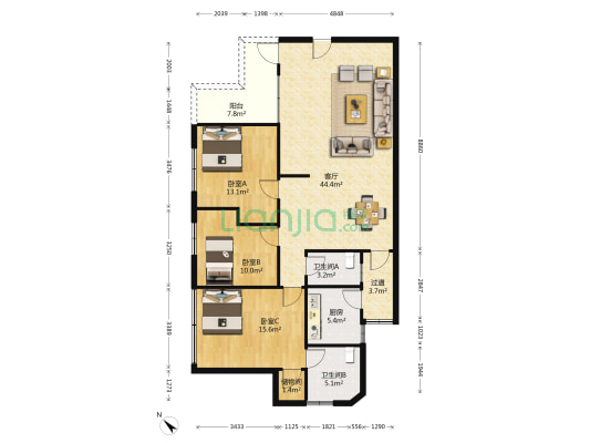 港懋大厦 3室1厅2卫 118平方