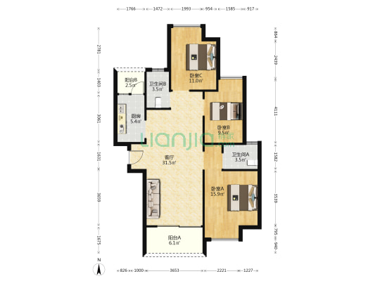 高雅花园 3室1厅2卫 76平方