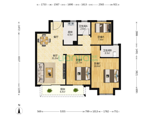 绿地控股金山华府 3室1厅2卫 117平方
