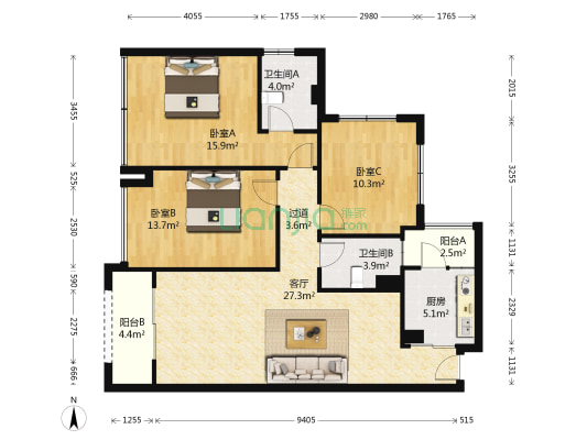 金地仟百汇 3室1厅2卫 96平方