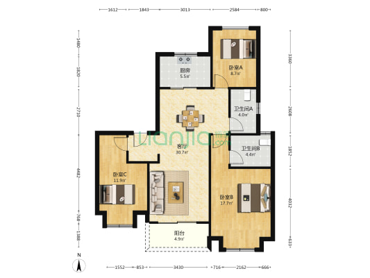 旭辉华宇南宸府 3室1厅2卫 116平方