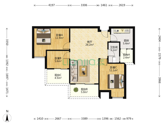 置信丽都府 3室1厅1卫 90平方