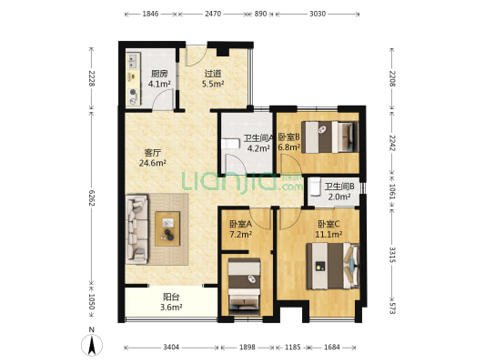 日月天地 3室1厅2卫 93平方