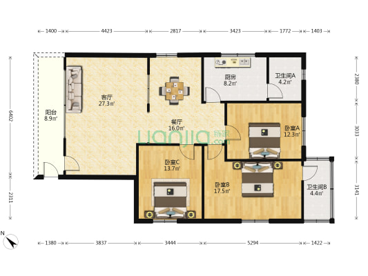 百坑大街十五巷4号 3室2厅2卫 123平方