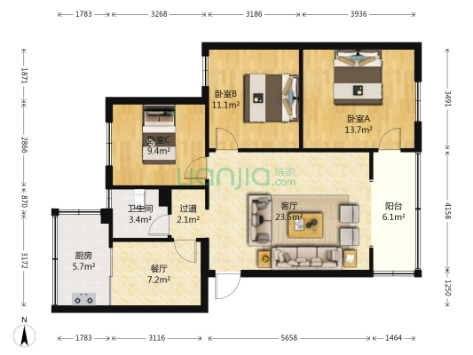 银海花园南区 3室2厅1卫 95平方