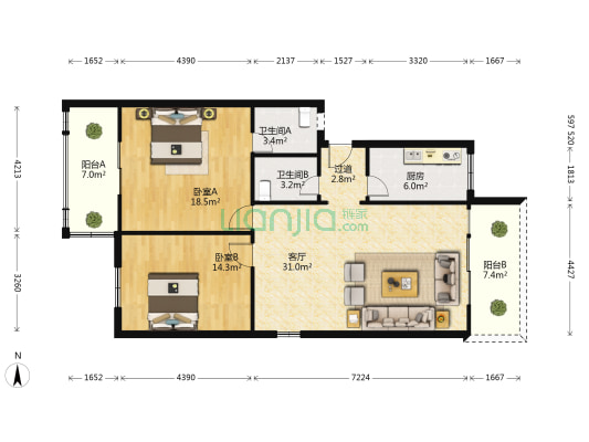 禾嘉花园 2室1厅2卫 103平方