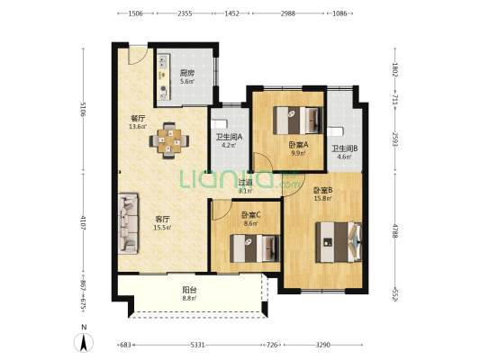 碧桂园世纪滨江 3室2厅2卫 109平方