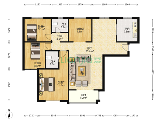 万达广场D区 3室1厅2卫 138平方