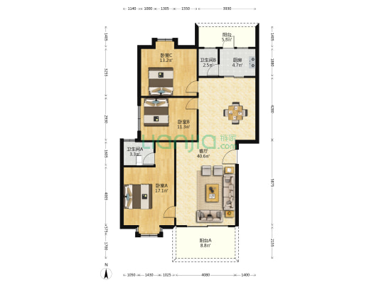 阳光丽居 3室1厅2卫 116平方