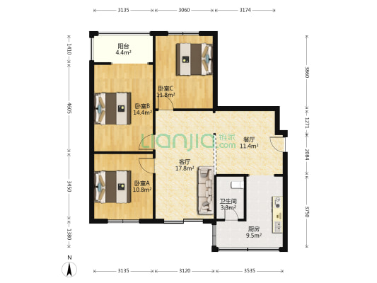 菊乐路151号院 3室2厅1卫 95平方