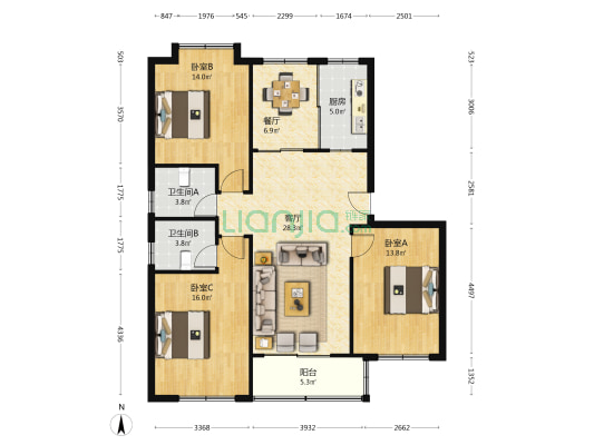 河畔花园 3室2厅2卫 115平方