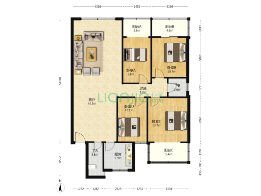 福乐凯公寓 4室1厅2卫 134平方