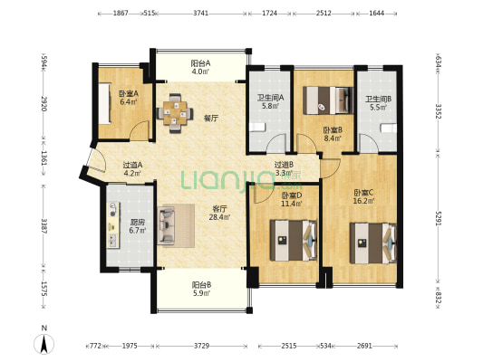 黄埔中央城 4室1厅2卫 130平方