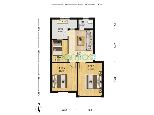 啤酒厂家属楼 3室1厅1卫 69平方