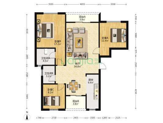 富丽庄园 3室1厅2卫 128平方