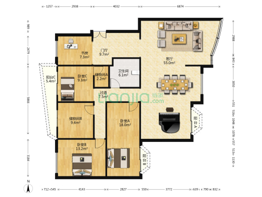 华门世家 4室1厅1卫 180平方