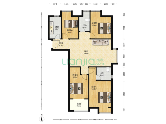 星河湾馨园一期 4室1厅2卫 142平方