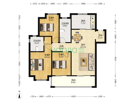 融创运河壹号府三期 3室1厅2卫 116平方