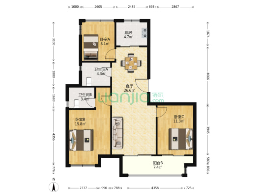 华侨城水畔华庭 3室1厅2卫 107平方