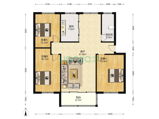 小游园 3室1厅1卫 124平方