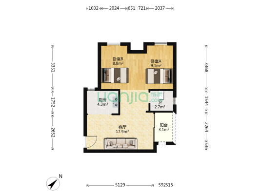 德成长江国际 2室1厅1卫 62平方