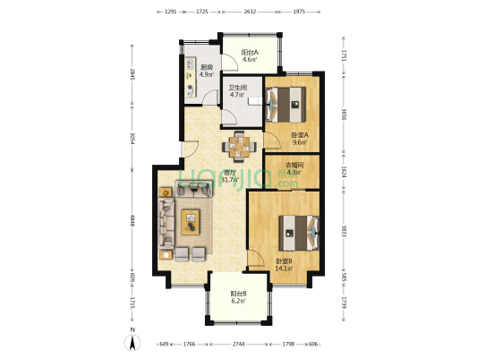 绿中海雅庭(公寓) 2室1厅1卫 88平方