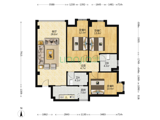 铜锣湾B区 3室1厅2卫 101平方