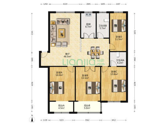 中行宿舍楼 4室1厅2卫 158平方