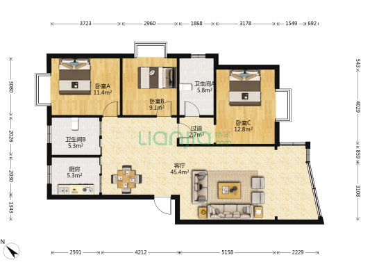 新光厂宿舍 3室1厅2卫 122平方
