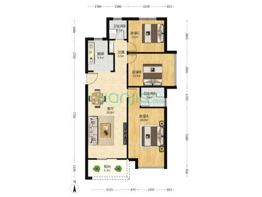 融侨悦城 3室1厅2卫 119平方