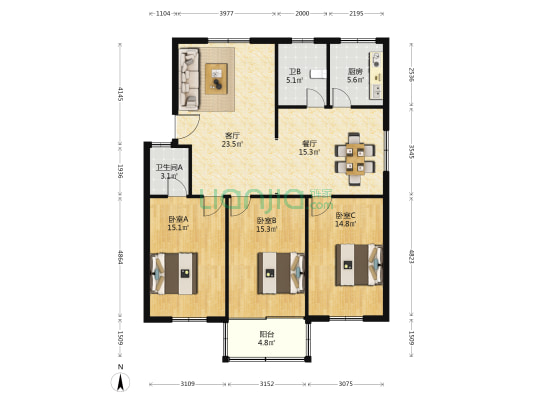富士居小区 3室2厅2卫 124平方