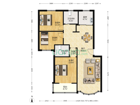 宁大高知小区 3室1厅2卫 109平方
