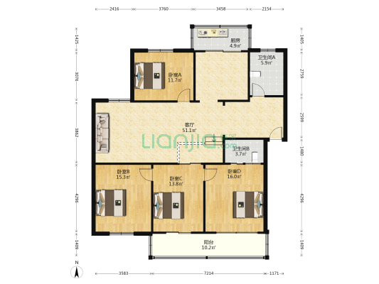 凤岭山庄南区 4室1厅2卫 148平方