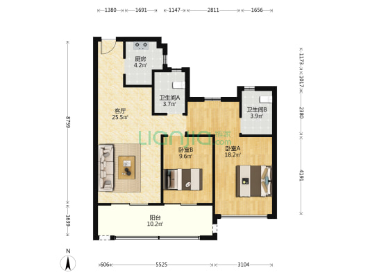 春天里 2室1厅2卫 90平方