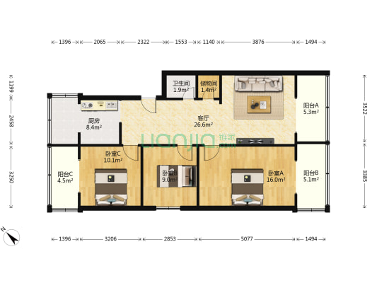 二环路西三段24号 3室1厅1卫 91平方