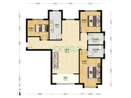 东户 H户型 毛坯  2卫 带餐厅 视野开阔 高楼层 满五-户型图