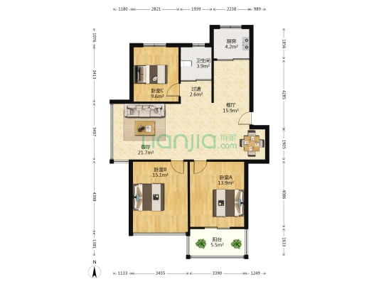 海洲新城 3室2厅1卫 105平方