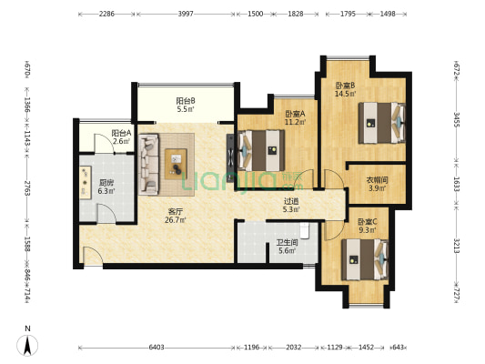 新怡花园B区 3室1厅1卫 113平方
