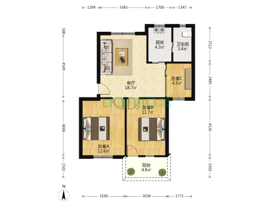 区政府宿舍 3室1厅1卫 86平方