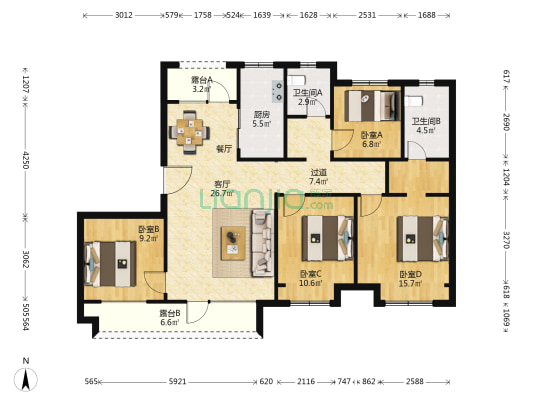 金地城E4区 4室2厅2卫 129平方