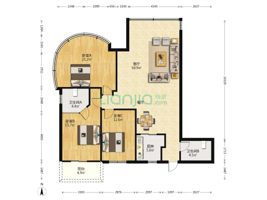 洪腾苑 3室1厅2卫 133平方